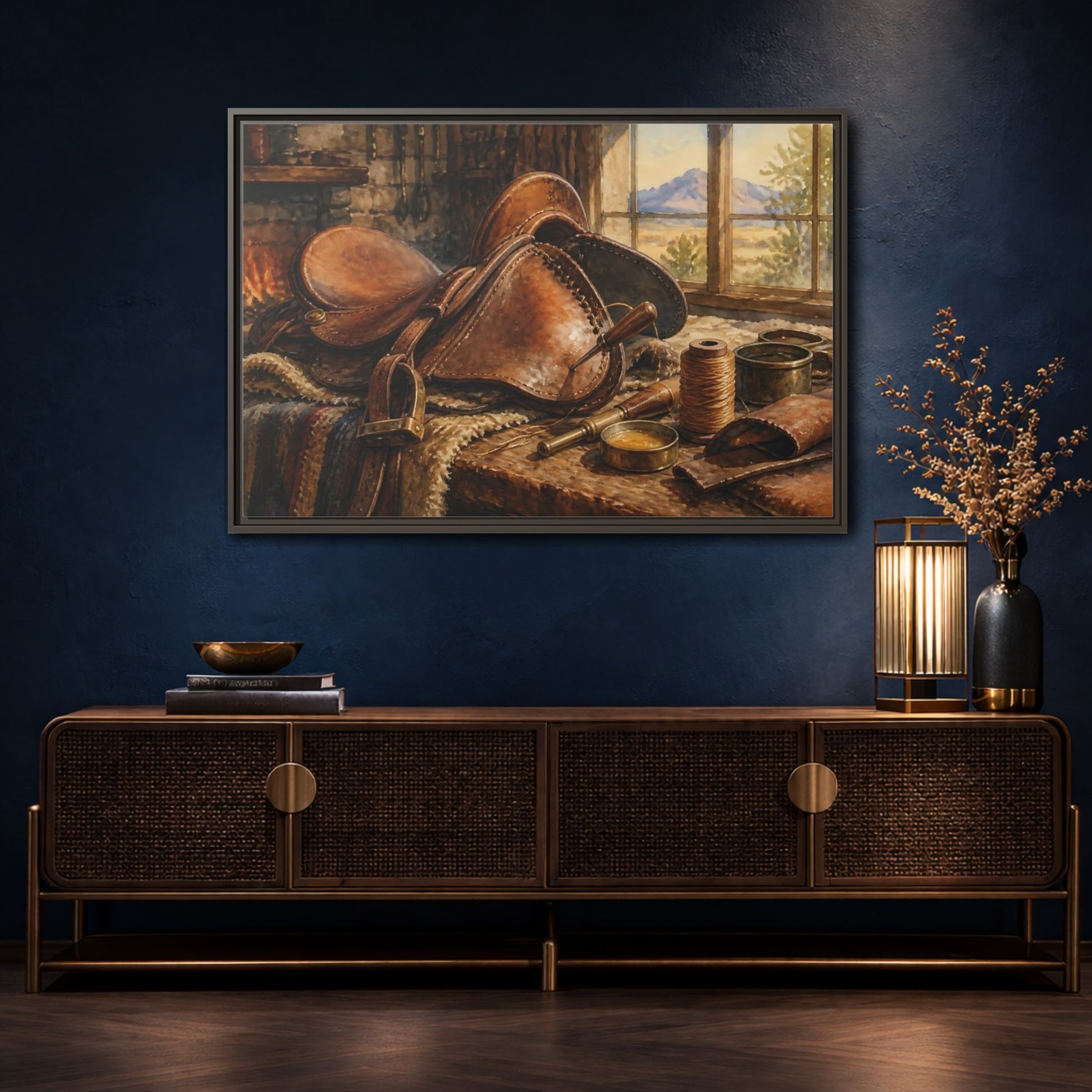 Mockup 4. Saddle Repair Workshop shown as framed canvas print