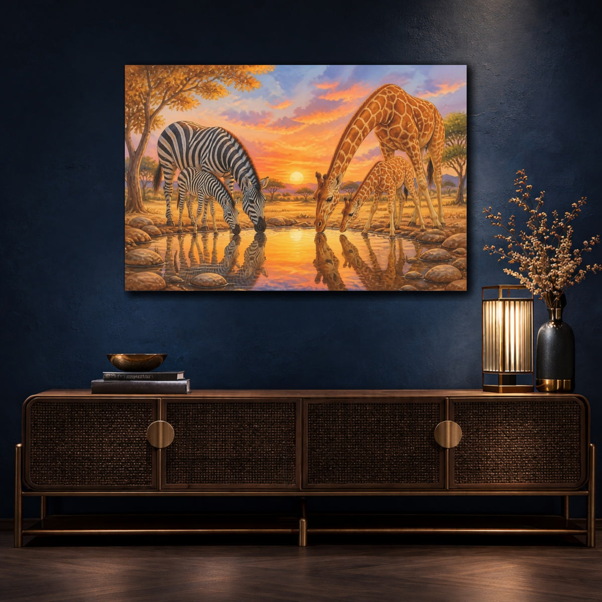 Mockup 4. Safari Animals Zebra & Giraffe shown as canvas print