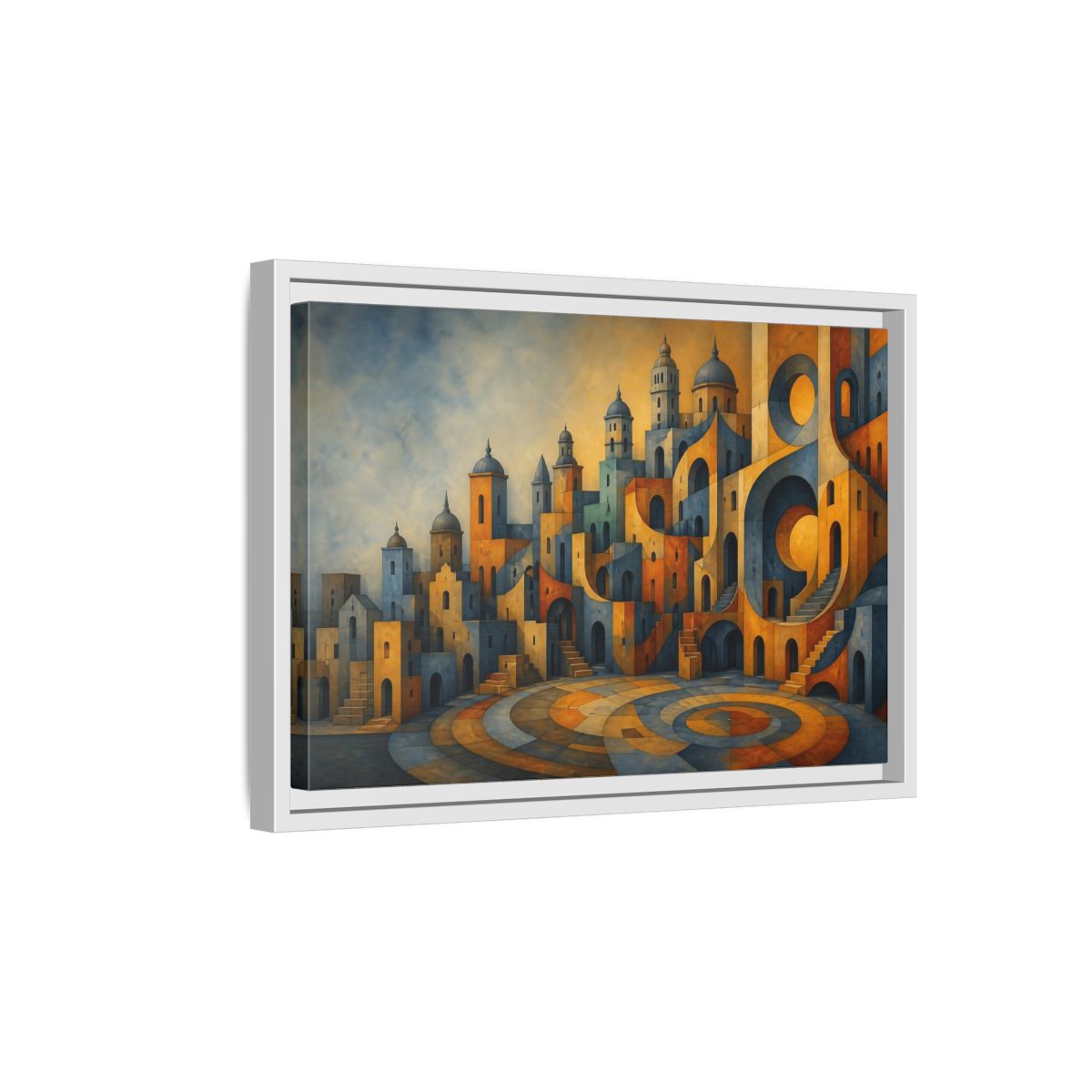 Side Mockup 4. Saffron City Illusion shown as framed canvas print