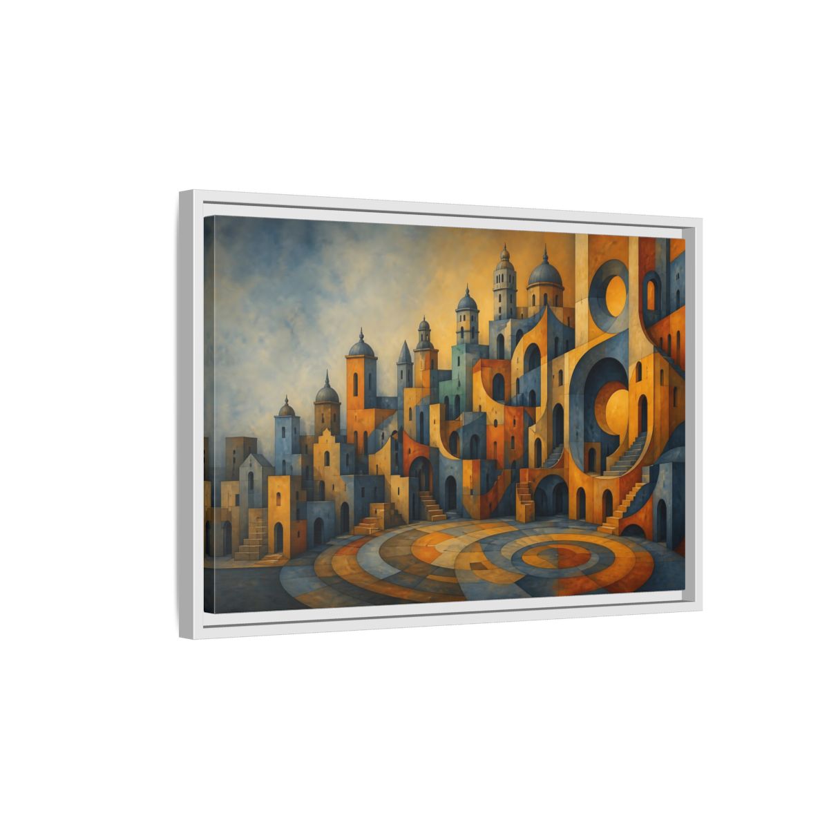 Side Mockup 1. Saffron City Illusion shown as framed canvas print