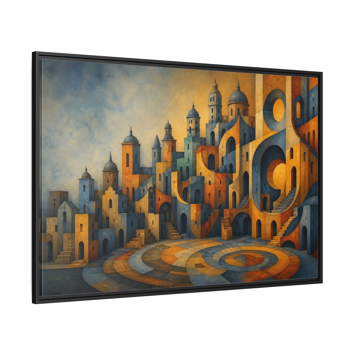 Side Mockup 12. Saffron City Illusion shown as framed canvas print