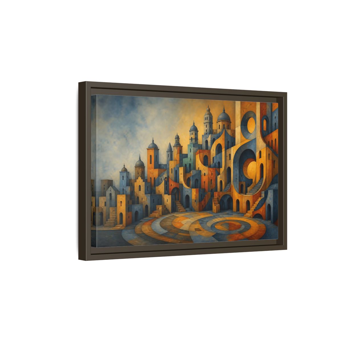 Side Mockup 5. Saffron City Illusion shown as framed canvas print