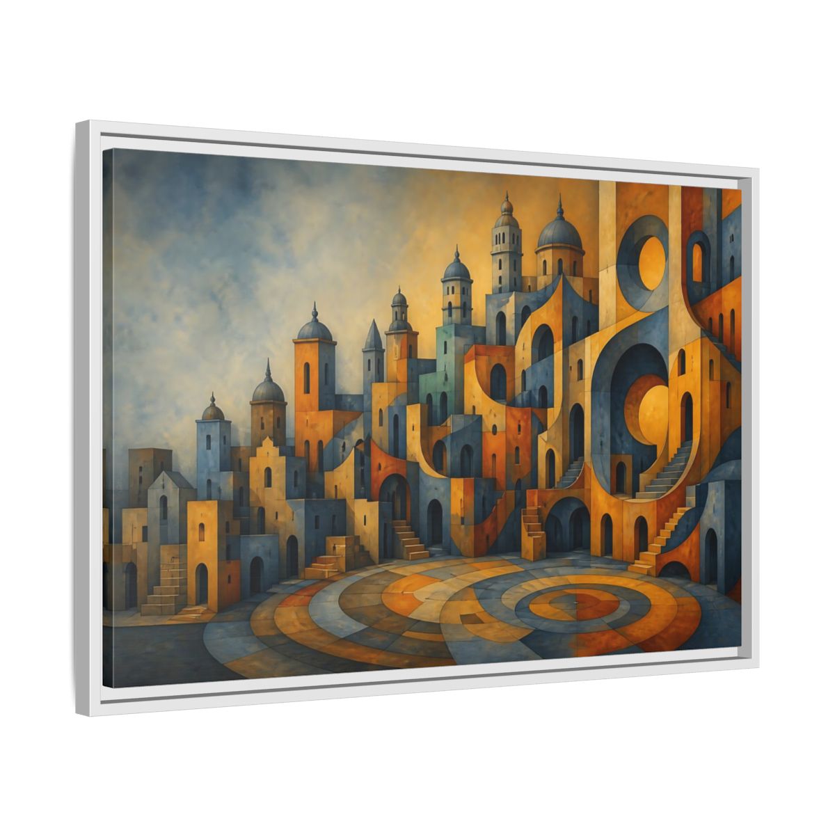 Side Mockup 10. Saffron City Illusion shown as framed canvas print