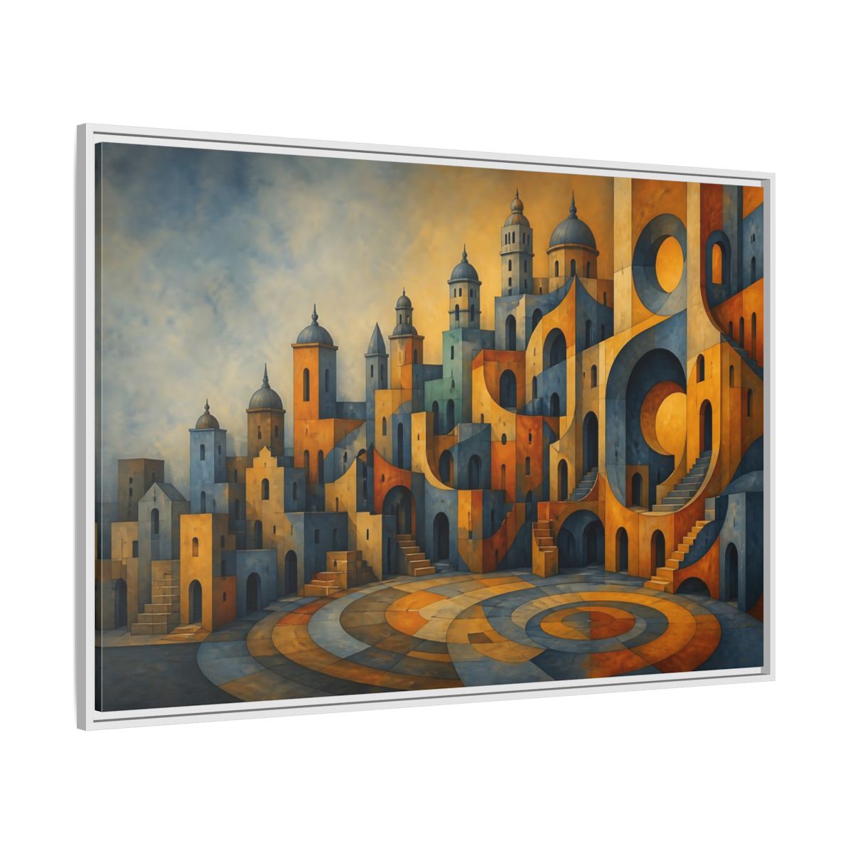 Side Mockup 7. Saffron City Illusion shown as framed canvas print