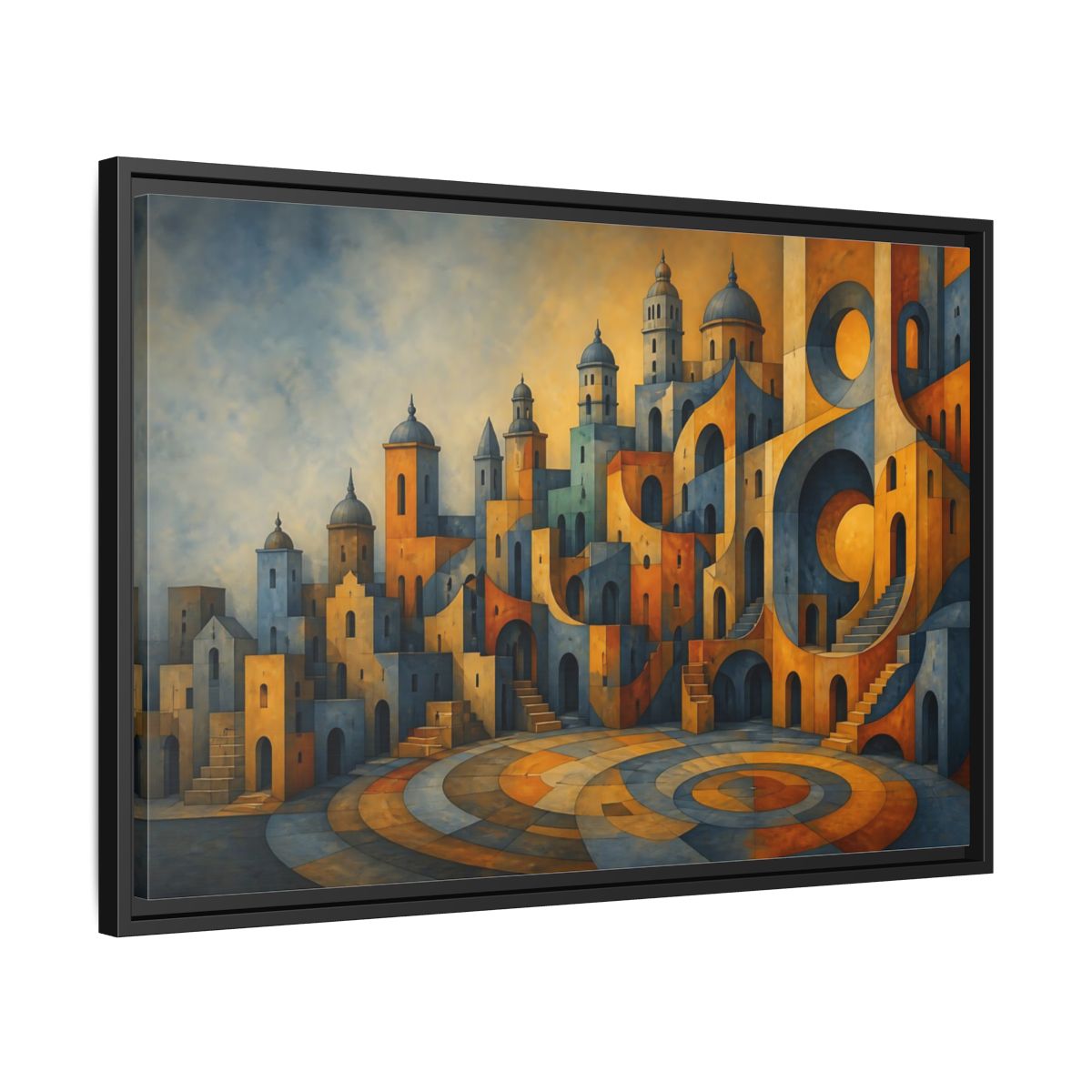 Side Mockup 14. Saffron City Illusion shown as framed canvas print