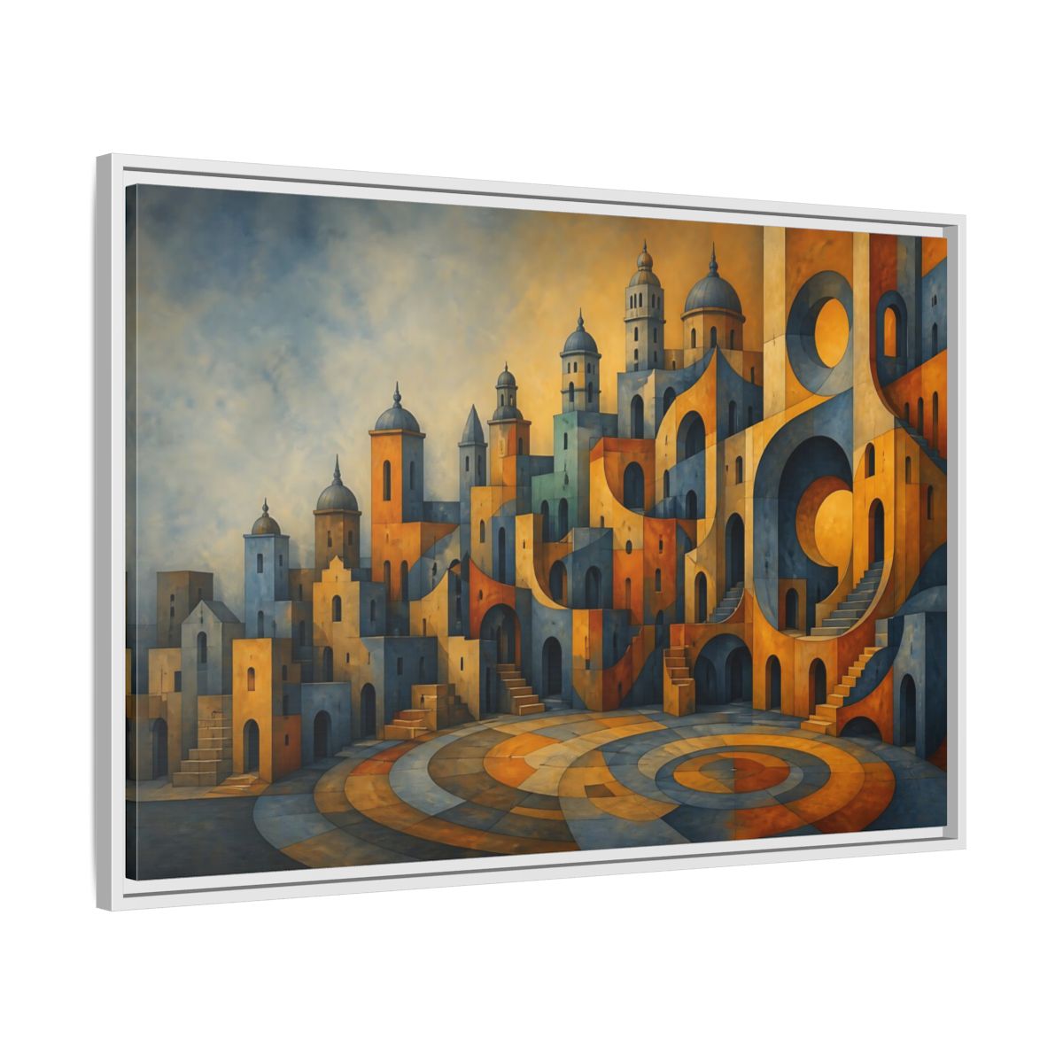 Side Mockup 9. Saffron City Illusion shown as framed canvas print