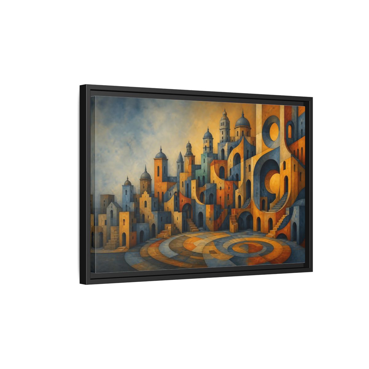Side Mockup 3. Saffron City Illusion shown as framed canvas print