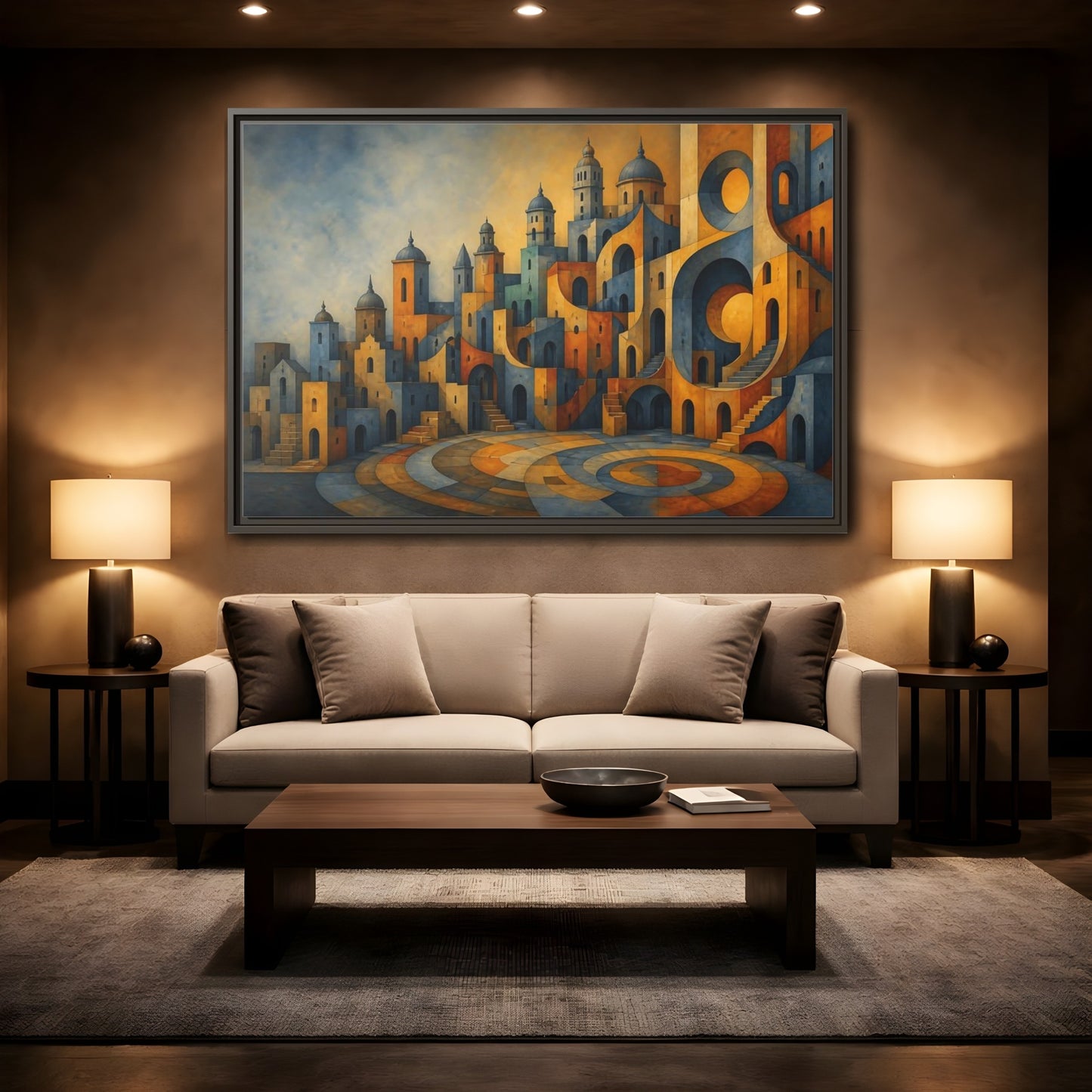 Mockup 2. Saffron City Illusion shown as framed canvas print