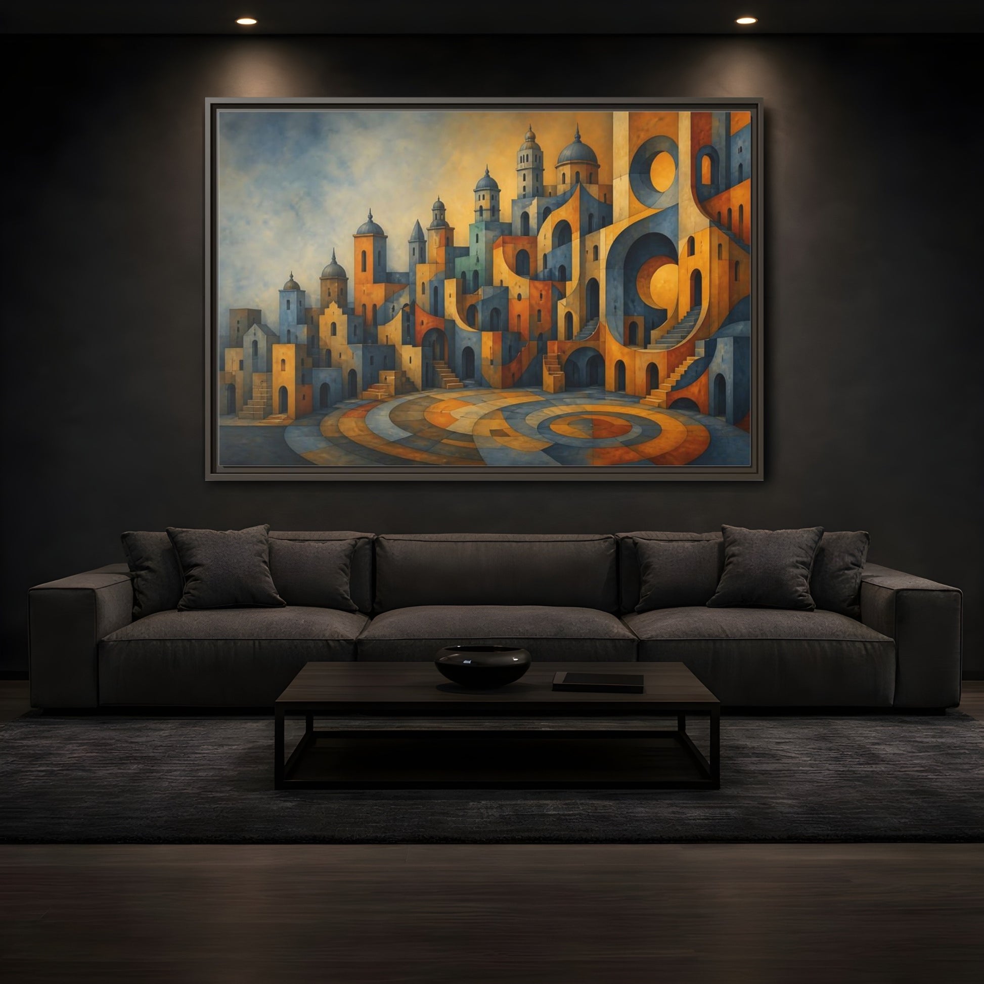 Mockup 3. Saffron City Illusion shown as framed canvas print