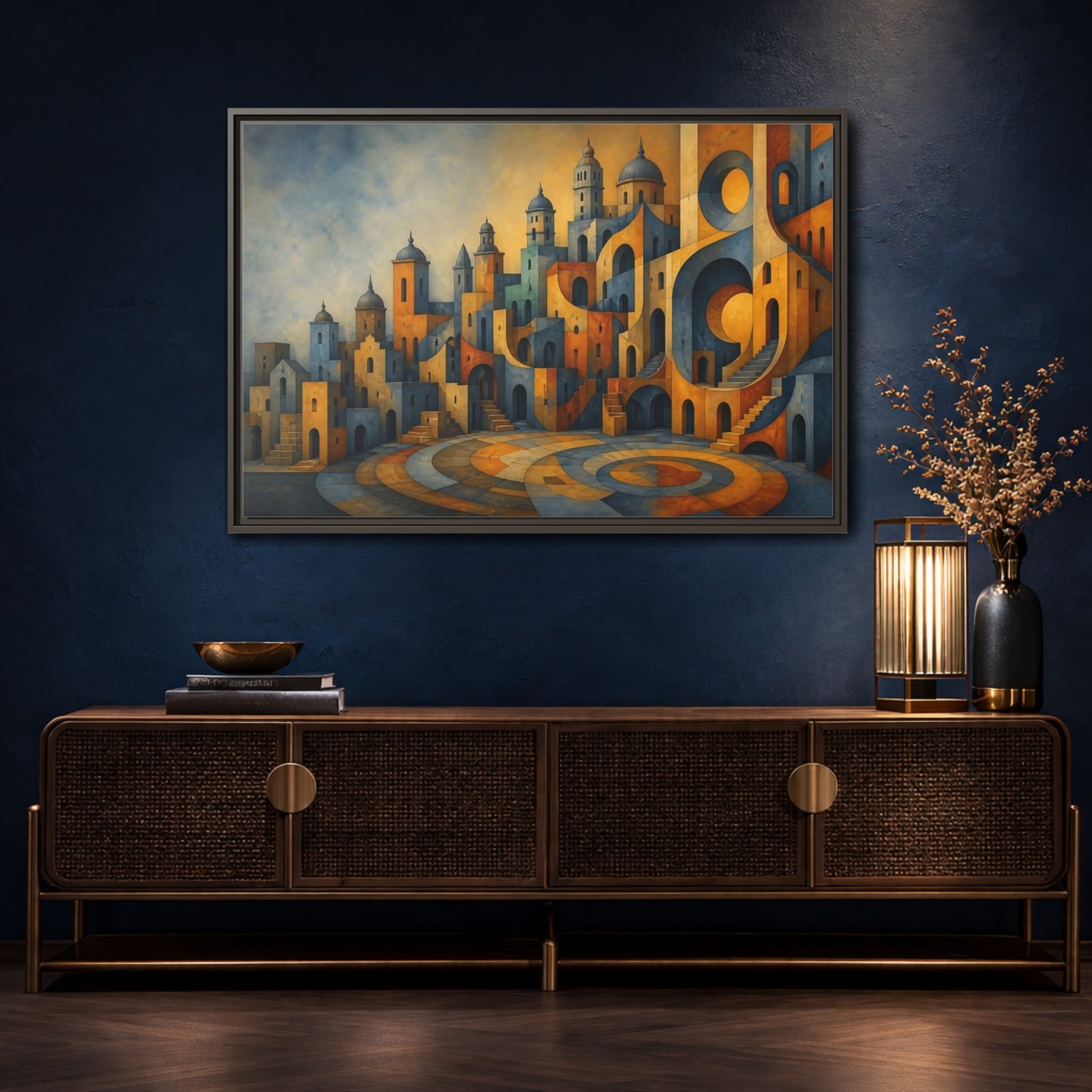 Mockup 4. Saffron City Illusion shown as framed canvas print