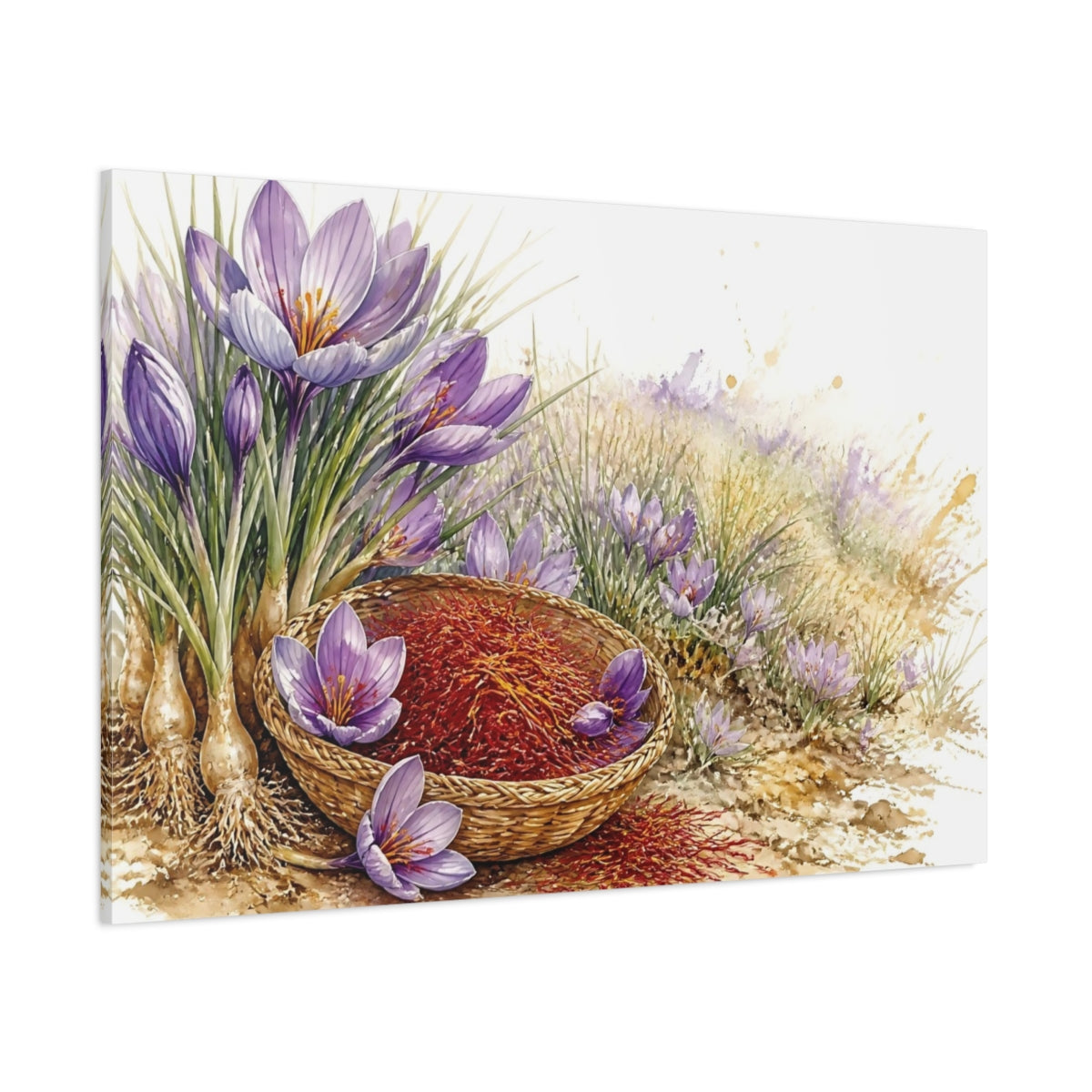 Side Mockup 1. Saffron Crocus Basket shown as canvas print