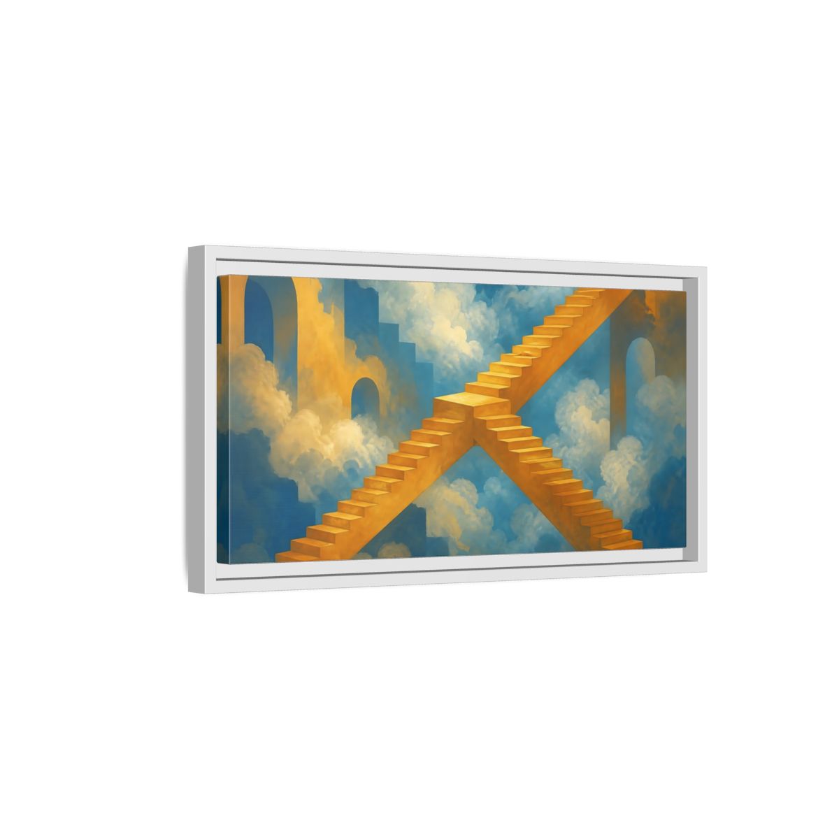 Side Mockup 6. Saffron Stairs To Clouds shown as framed canvas print