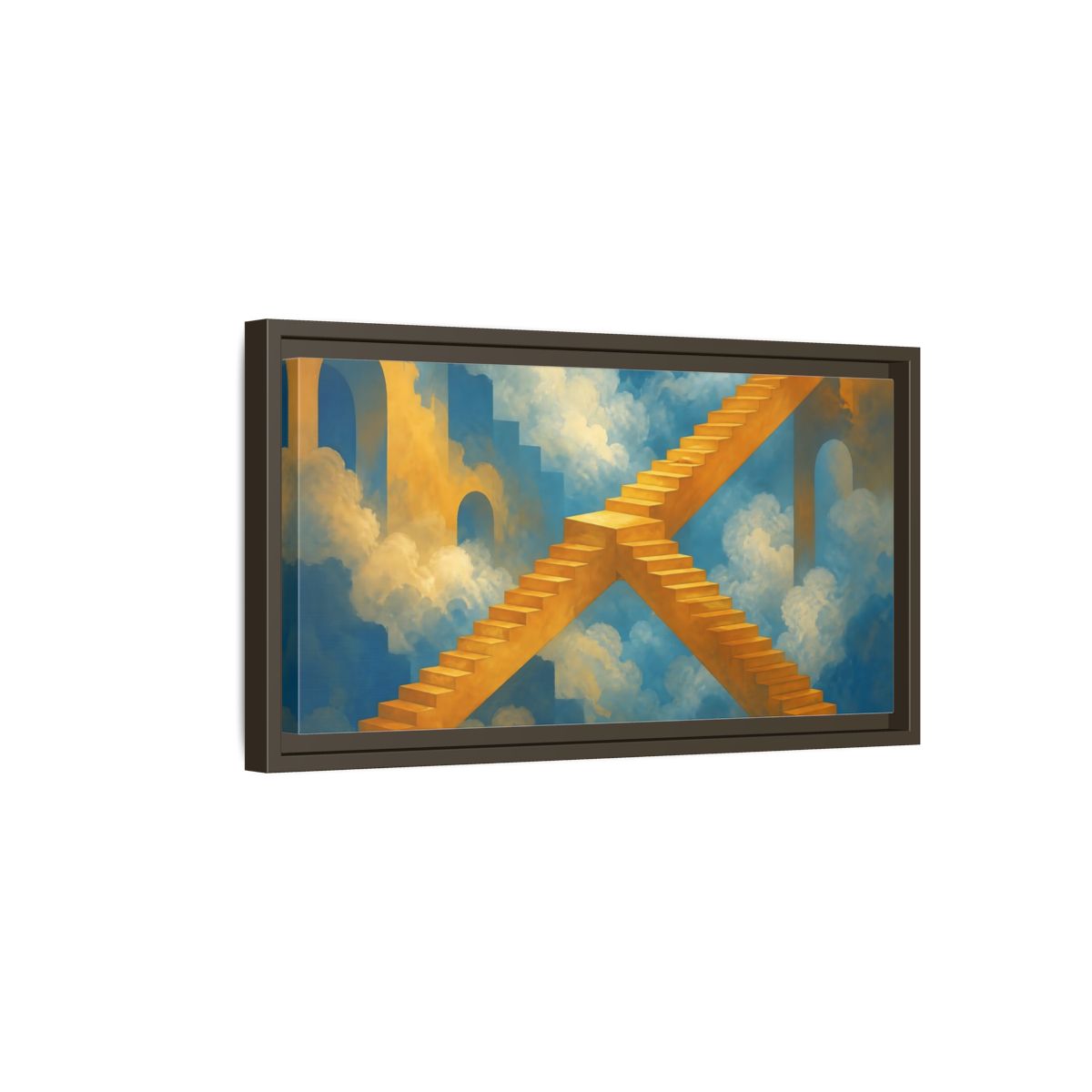 Side Mockup 7. Saffron Stairs To Clouds shown as framed canvas print