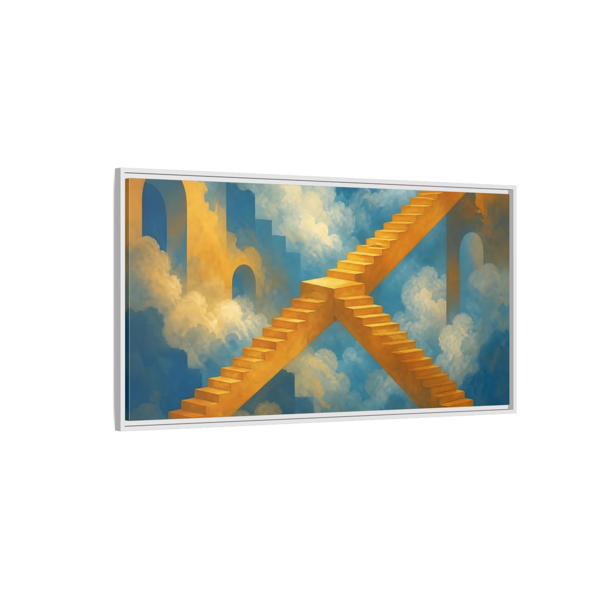 Side Mockup 3. Saffron Stairs To Clouds shown as framed canvas print