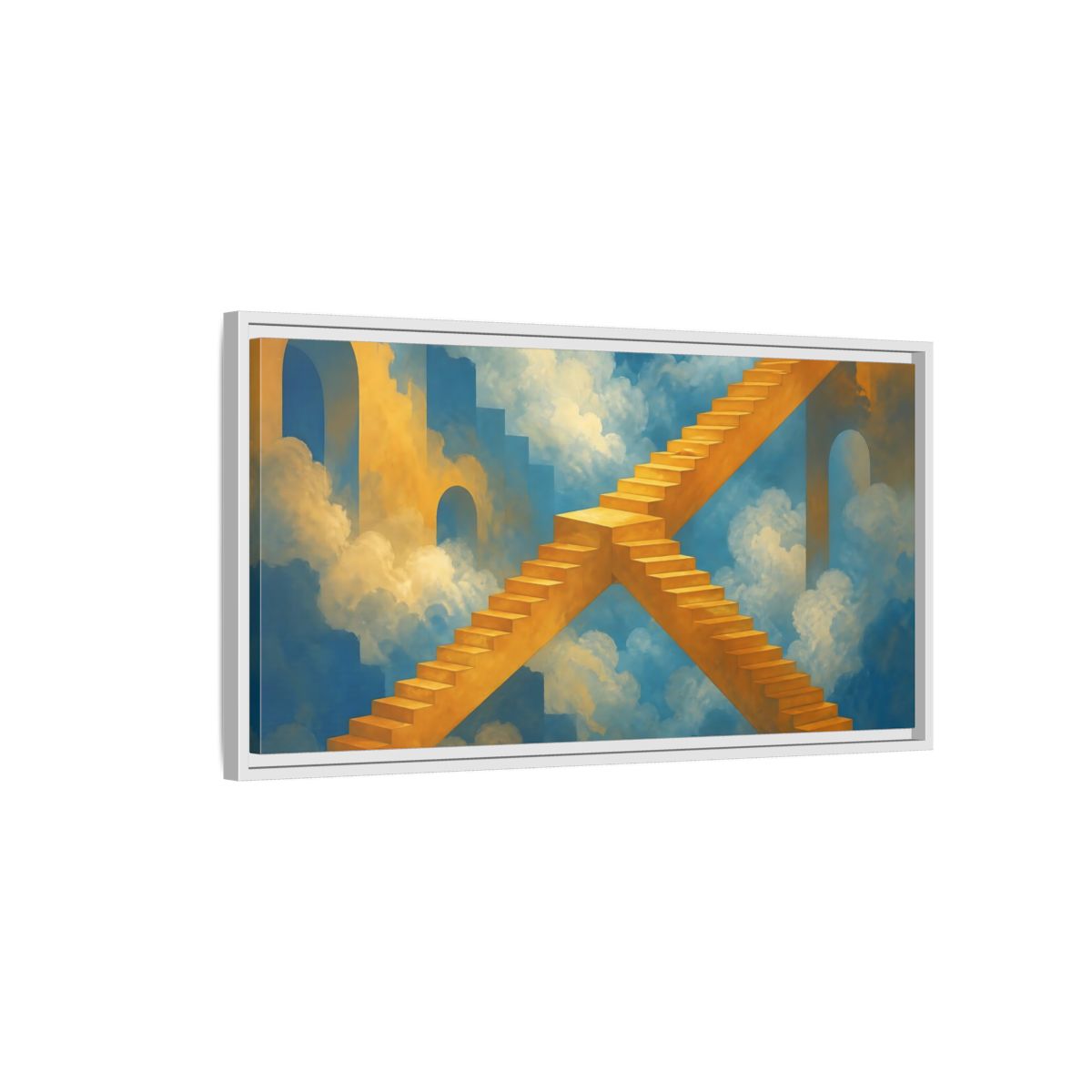 Side Mockup 1. Saffron Stairs To Clouds shown as framed canvas print