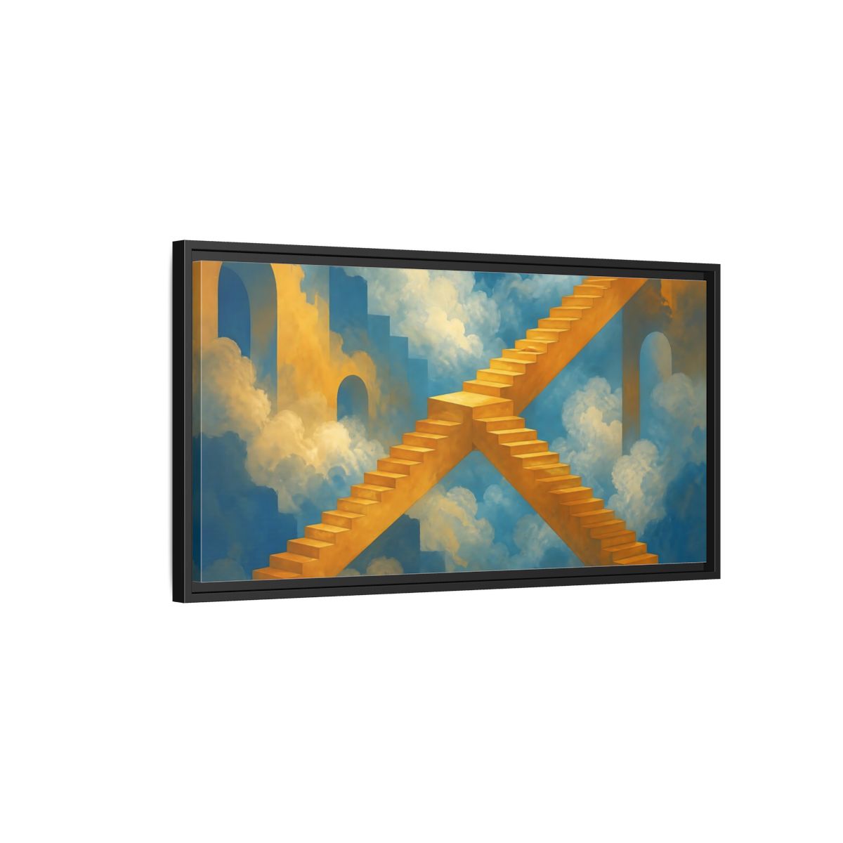 Side Mockup 2. Saffron Stairs To Clouds shown as framed canvas print