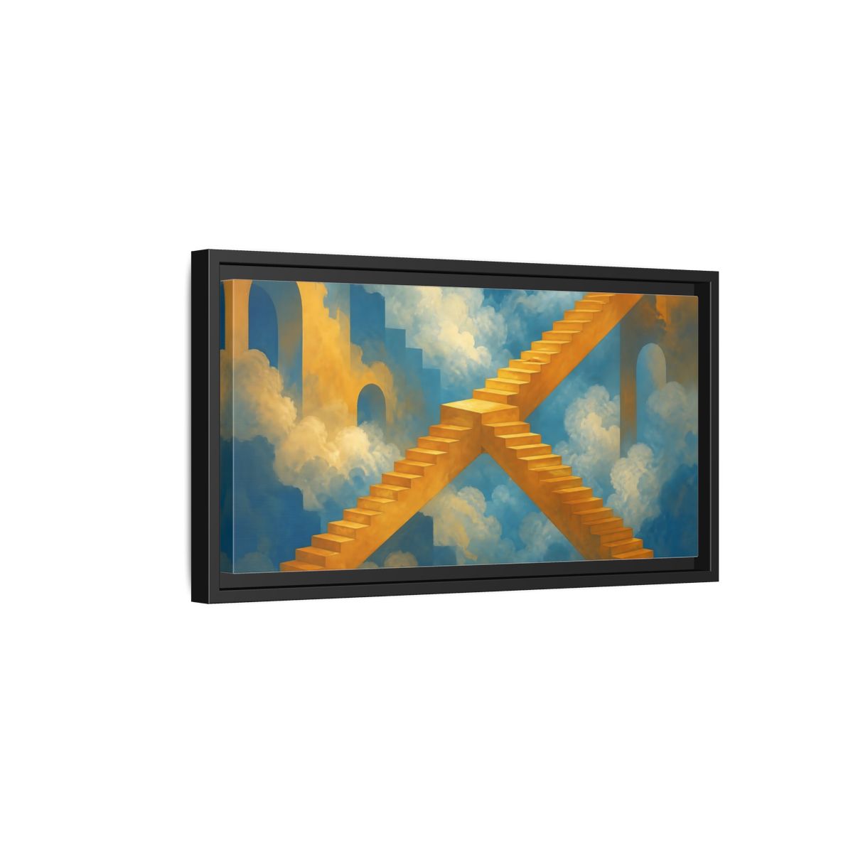 Side Mockup 8. Saffron Stairs To Clouds shown as framed canvas print