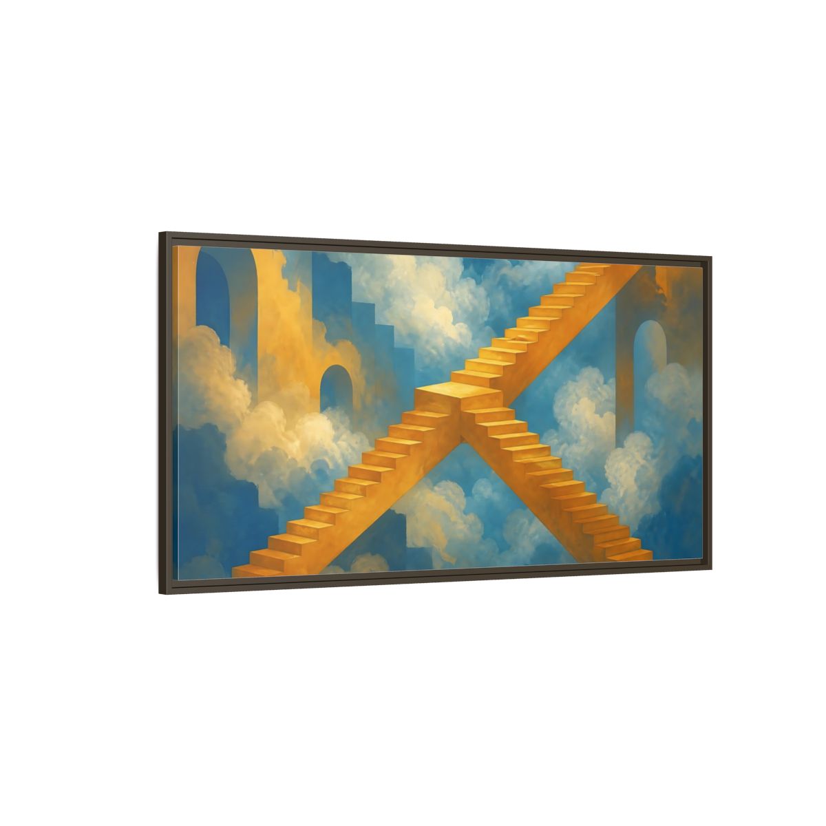 Side Mockup 4. Saffron Stairs To Clouds shown as framed canvas print