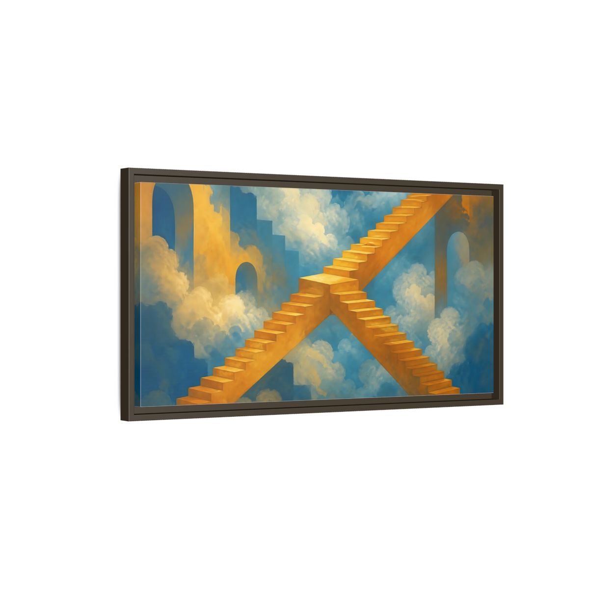 Main Mockup. Saffron Stairs To Clouds shown as framed canvas print