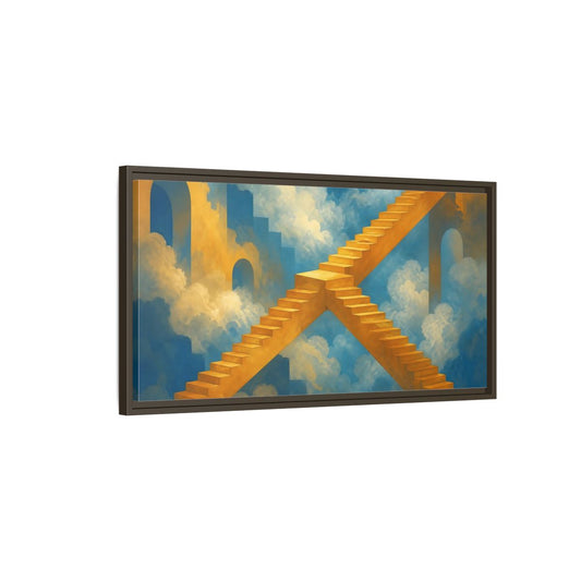 Main Mockup. Saffron Stairs To Clouds shown as framed canvas print