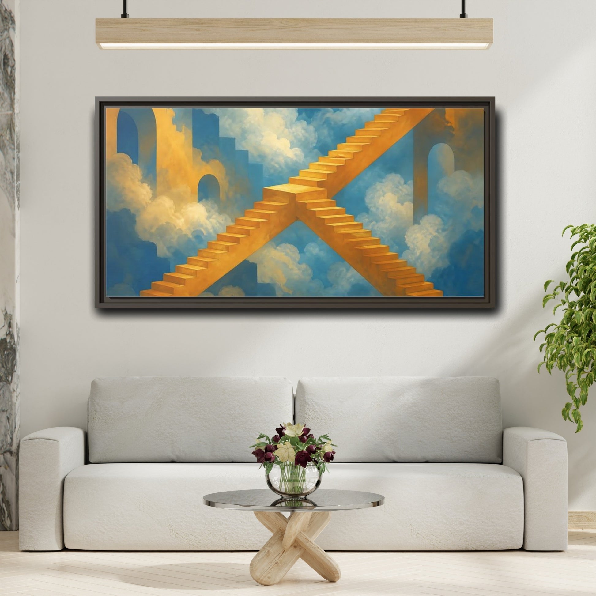 Mockup 2. Saffron Stairs To Clouds shown as framed canvas print