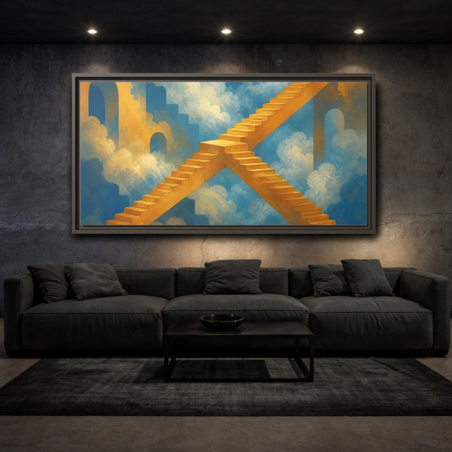 Mockup 3. Saffron Stairs To Clouds shown as framed canvas print