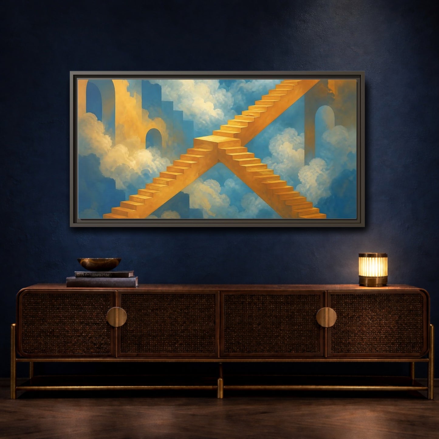 Mockup 4. Saffron Stairs To Clouds shown as framed canvas print