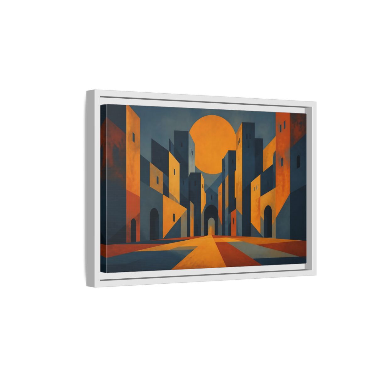 Side Mockup 4. Saffron Sun Courtyard shown as framed canvas print