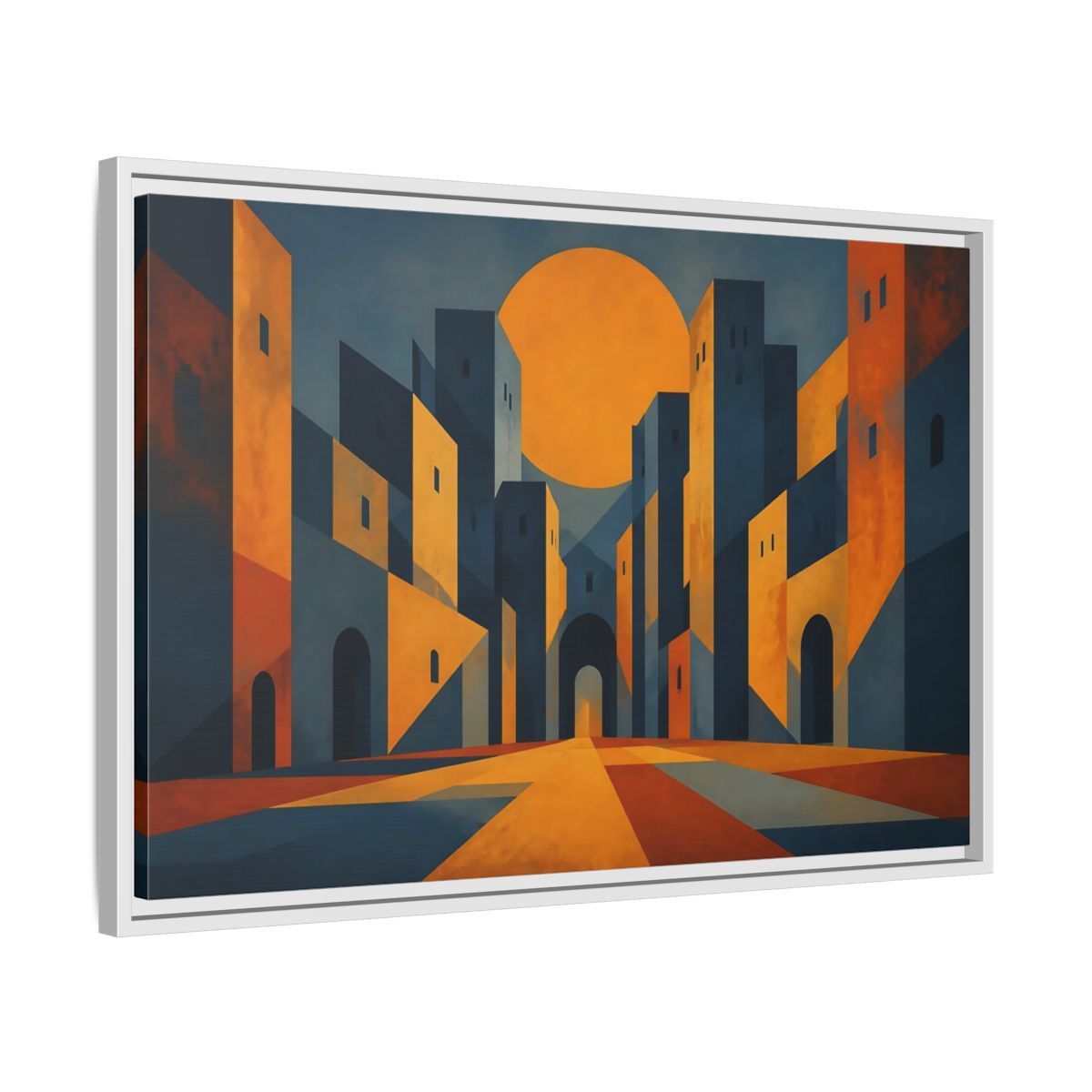 Side Mockup 10. Saffron Sun Courtyard shown as framed canvas print