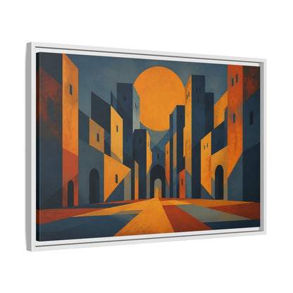 Side Mockup 10. Saffron Sun Courtyard shown as framed canvas print