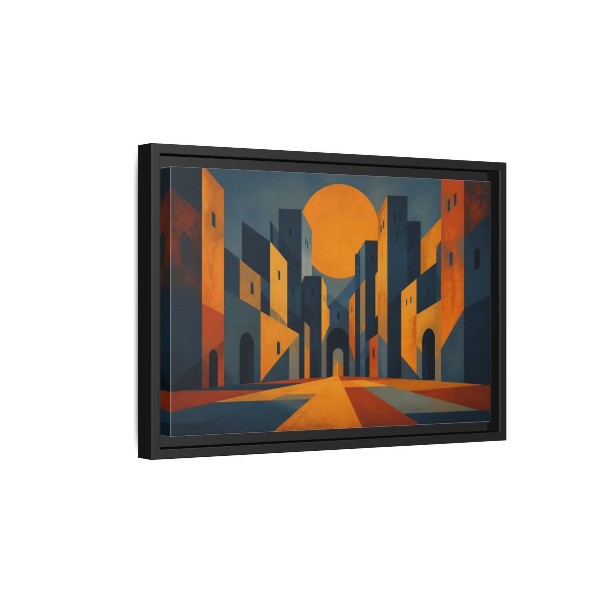 Side Mockup 6. Saffron Sun Courtyard shown as framed canvas print
