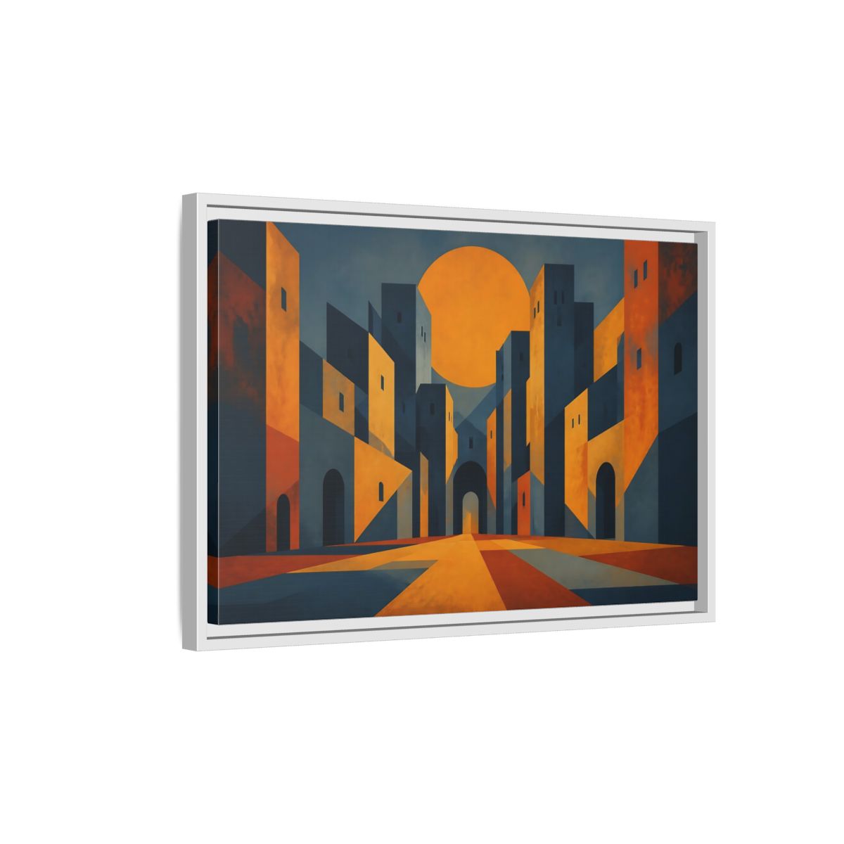 Side Mockup 1. Saffron Sun Courtyard shown as framed canvas print