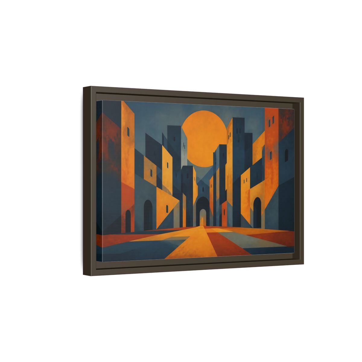 Side Mockup 5. Saffron Sun Courtyard shown as framed canvas print