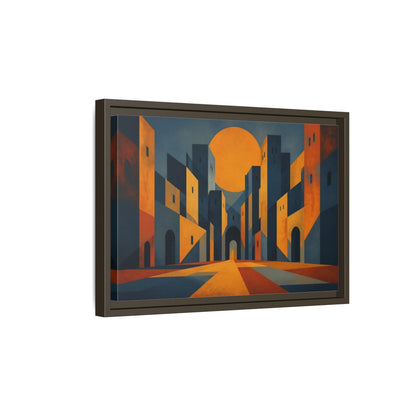 Side Mockup 5. Saffron Sun Courtyard shown as framed canvas print