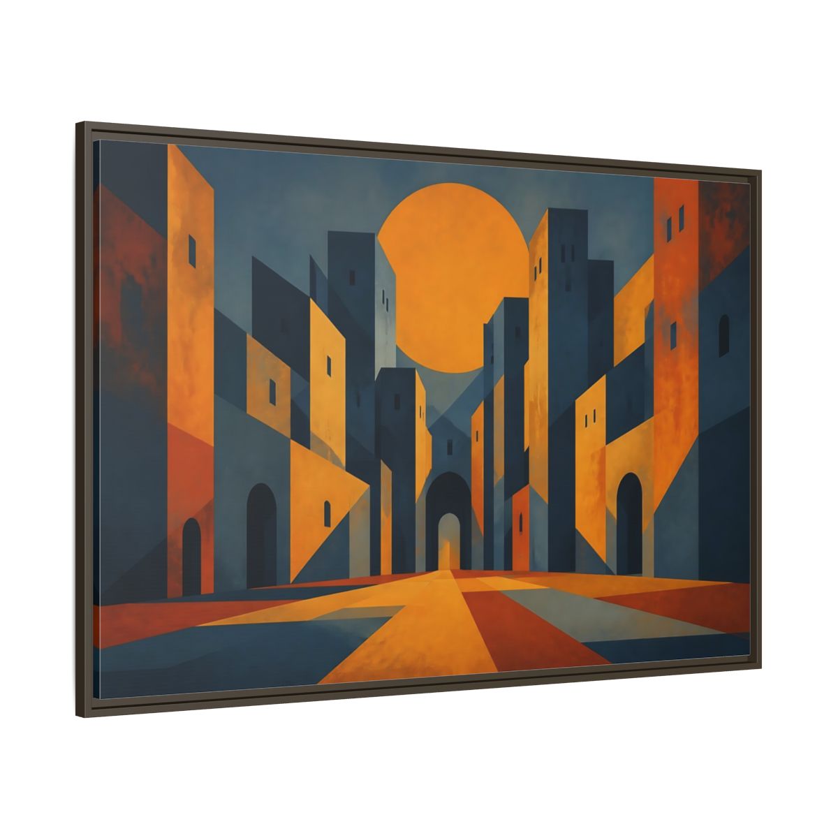 Side Mockup 8. Saffron Sun Courtyard shown as framed canvas print