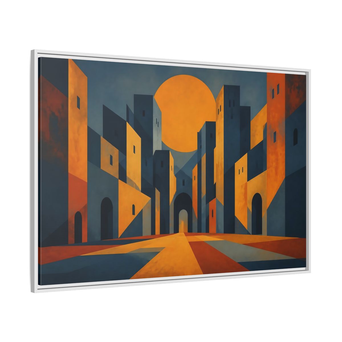 Side Mockup 7. Saffron Sun Courtyard shown as framed canvas print