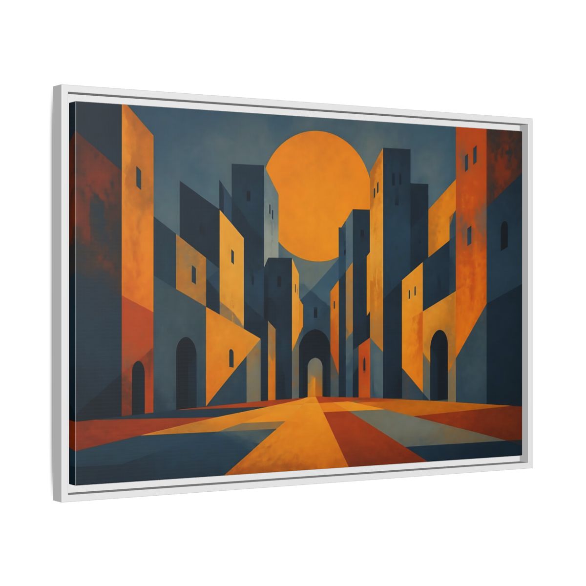 Side Mockup 9. Saffron Sun Courtyard shown as framed canvas print