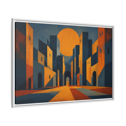 Side Mockup 9. Saffron Sun Courtyard shown as framed canvas print