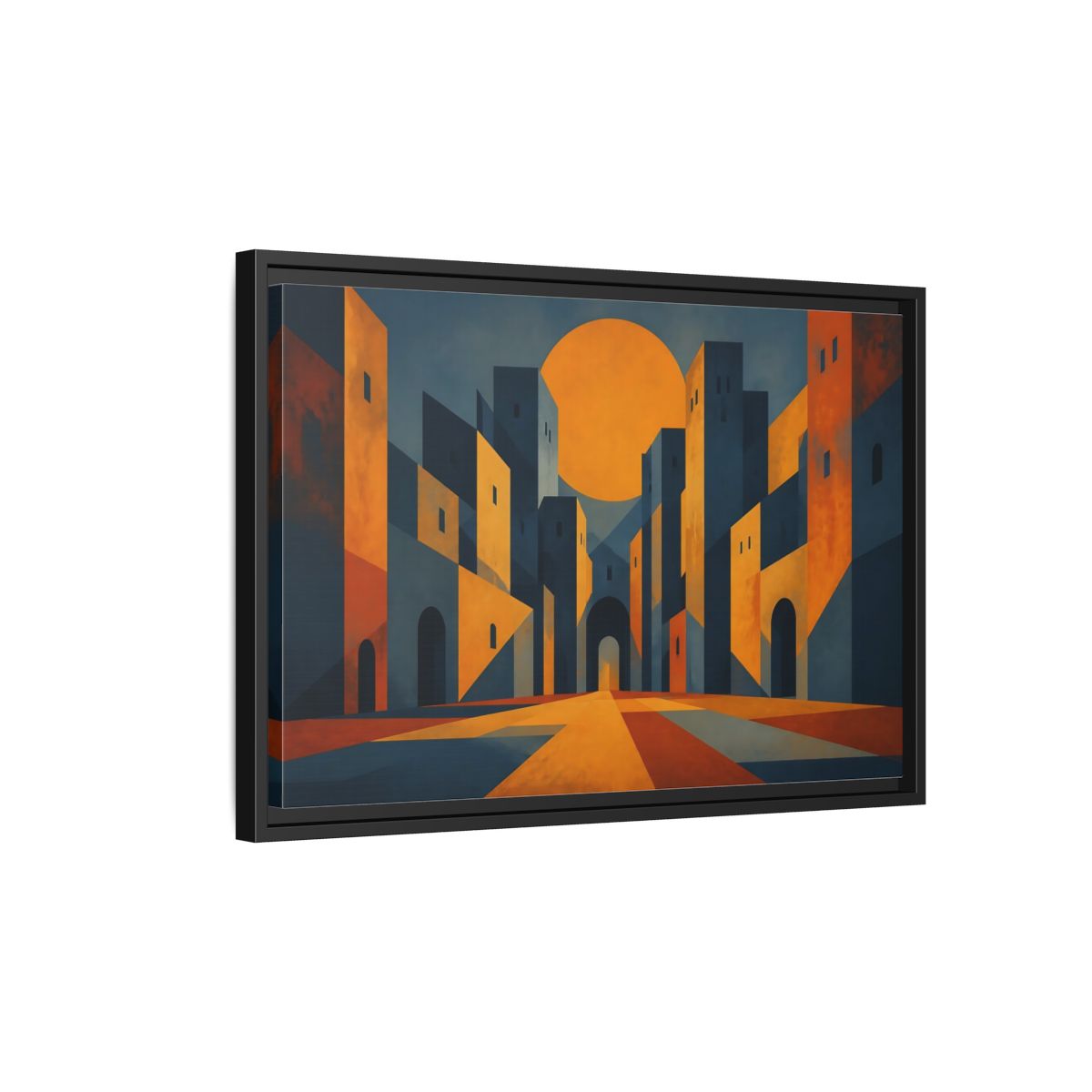 Side Mockup 3. Saffron Sun Courtyard shown as framed canvas print