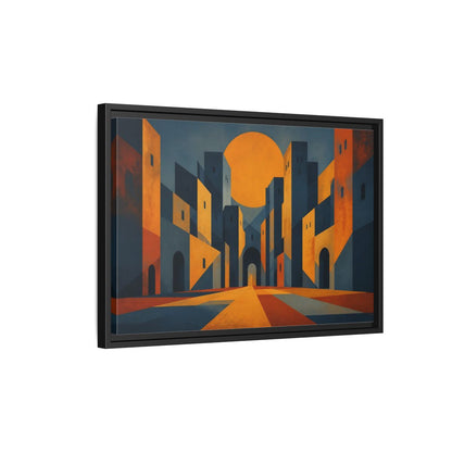 Side Mockup 3. Saffron Sun Courtyard shown as framed canvas print