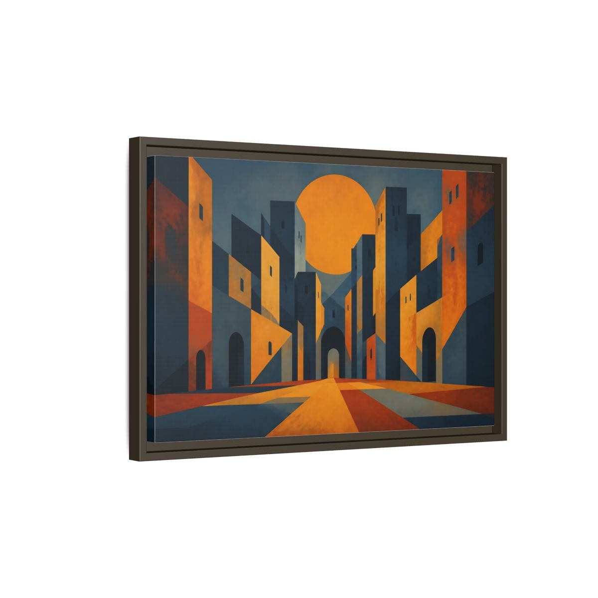 Side Mockup 2. Saffron Sun Courtyard shown as framed canvas print