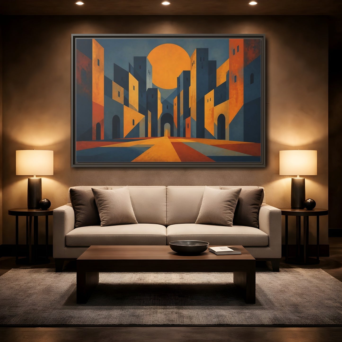 Mockup 2. Saffron Sun Courtyard shown as framed canvas print