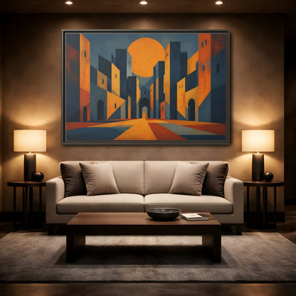 Mockup 2. Saffron Sun Courtyard shown as framed canvas print