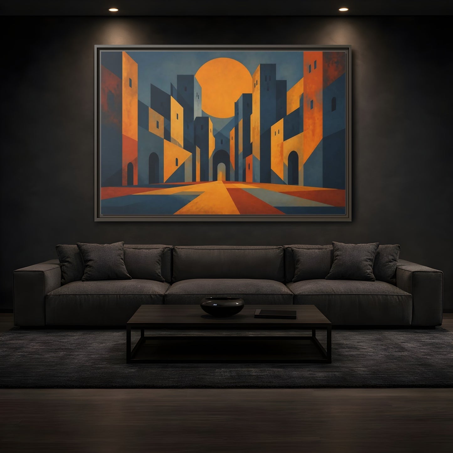 Mockup 3. Saffron Sun Courtyard shown as framed canvas print