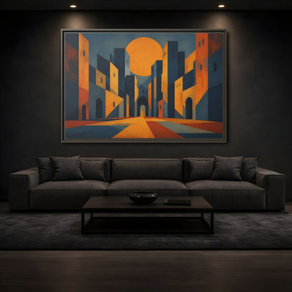 Mockup 3. Saffron Sun Courtyard shown as framed canvas print