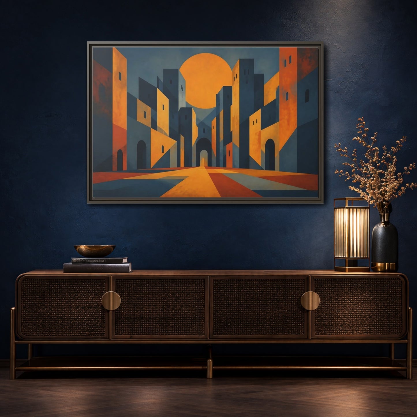 Mockup 4. Saffron Sun Courtyard shown as framed canvas print