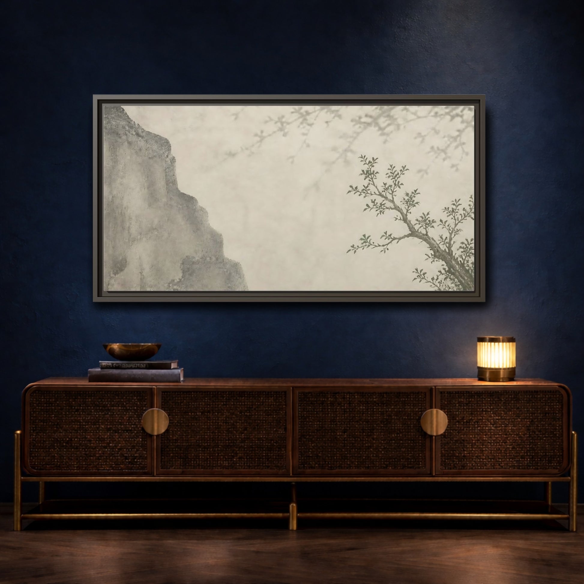 Mockup 4. Sage Branch & Stone Cliff shown as framed canvas print