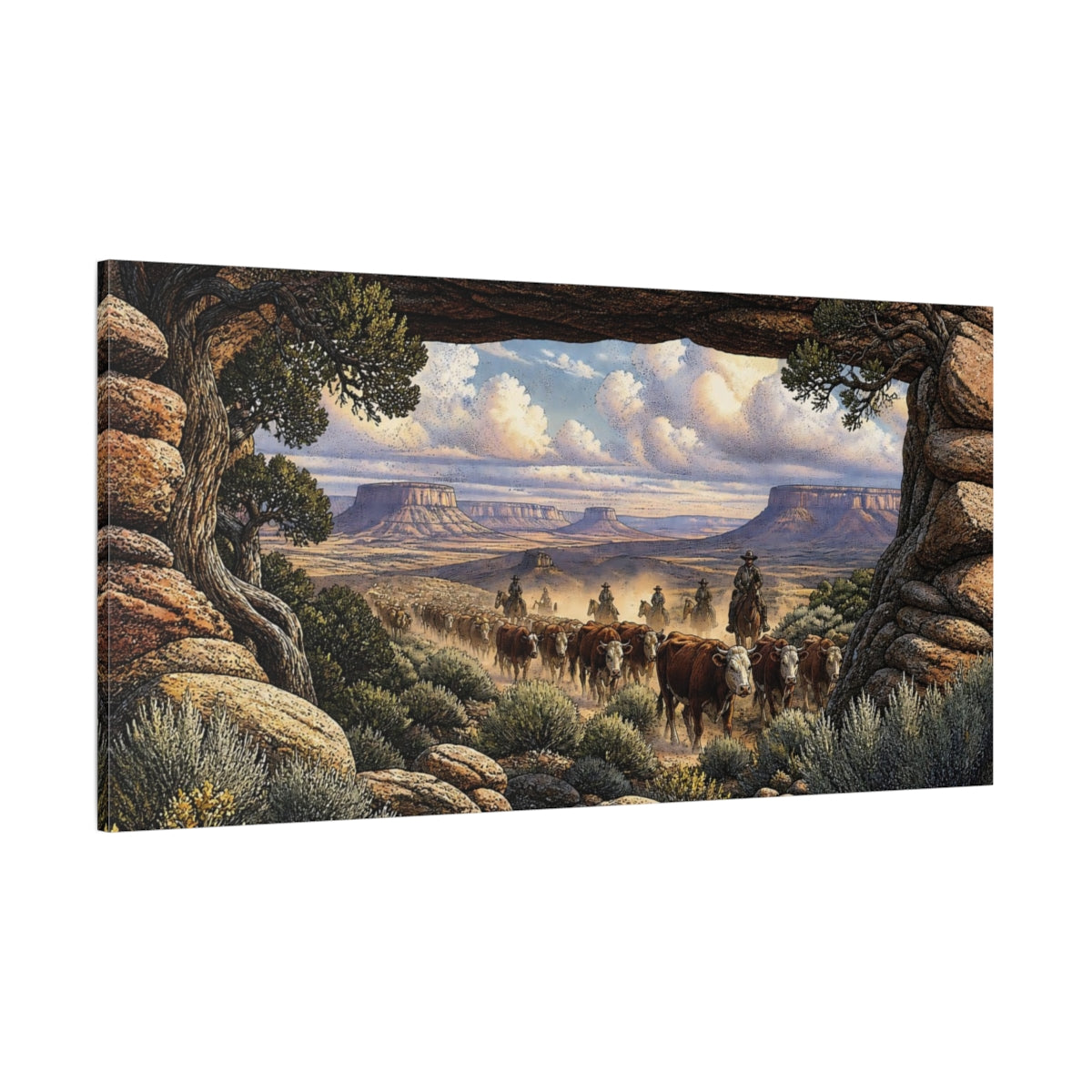 Side Mockup 2. Sagebrush Cattle Drive shown as canvas print