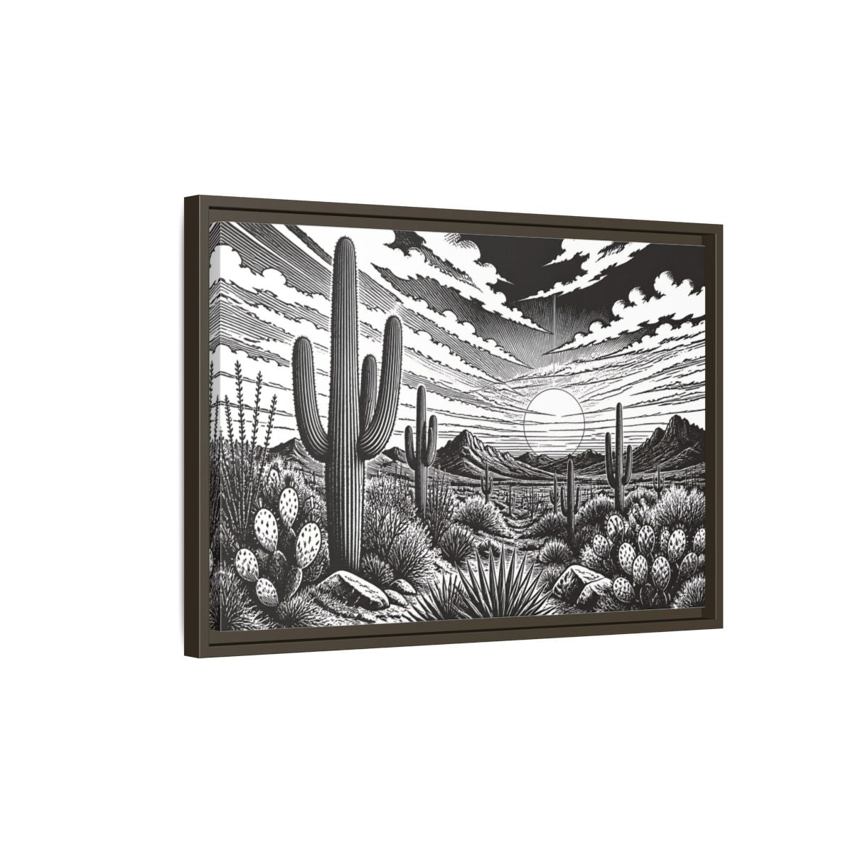 Side Mockup 2. Saguaro Desert Sunset shown as framed canvas print