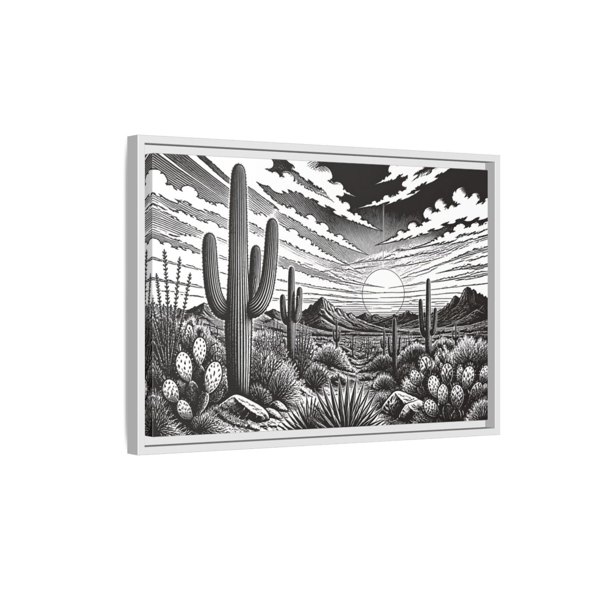 Side Mockup 1. Saguaro Desert Sunset shown as framed canvas print